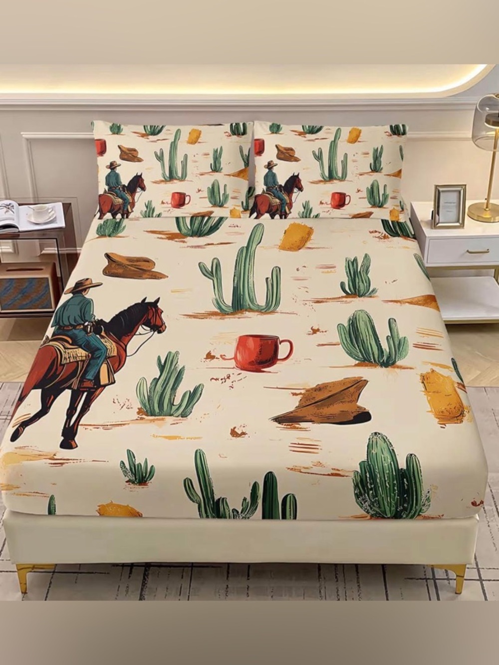 AILONEN Western Cowboy Full Sheet Set Size Desert Wild Horse Bedding Set nwt